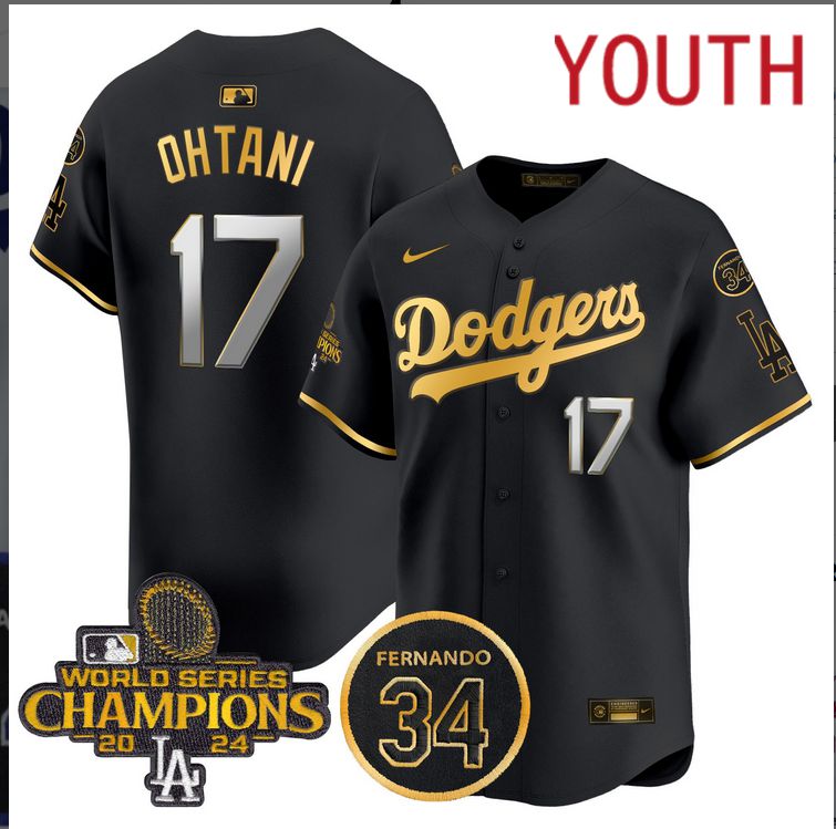 Youth MLB Los Angeles Dodgers #17 Ohtani black 2024 World Series Champions Patch Limited Jersey